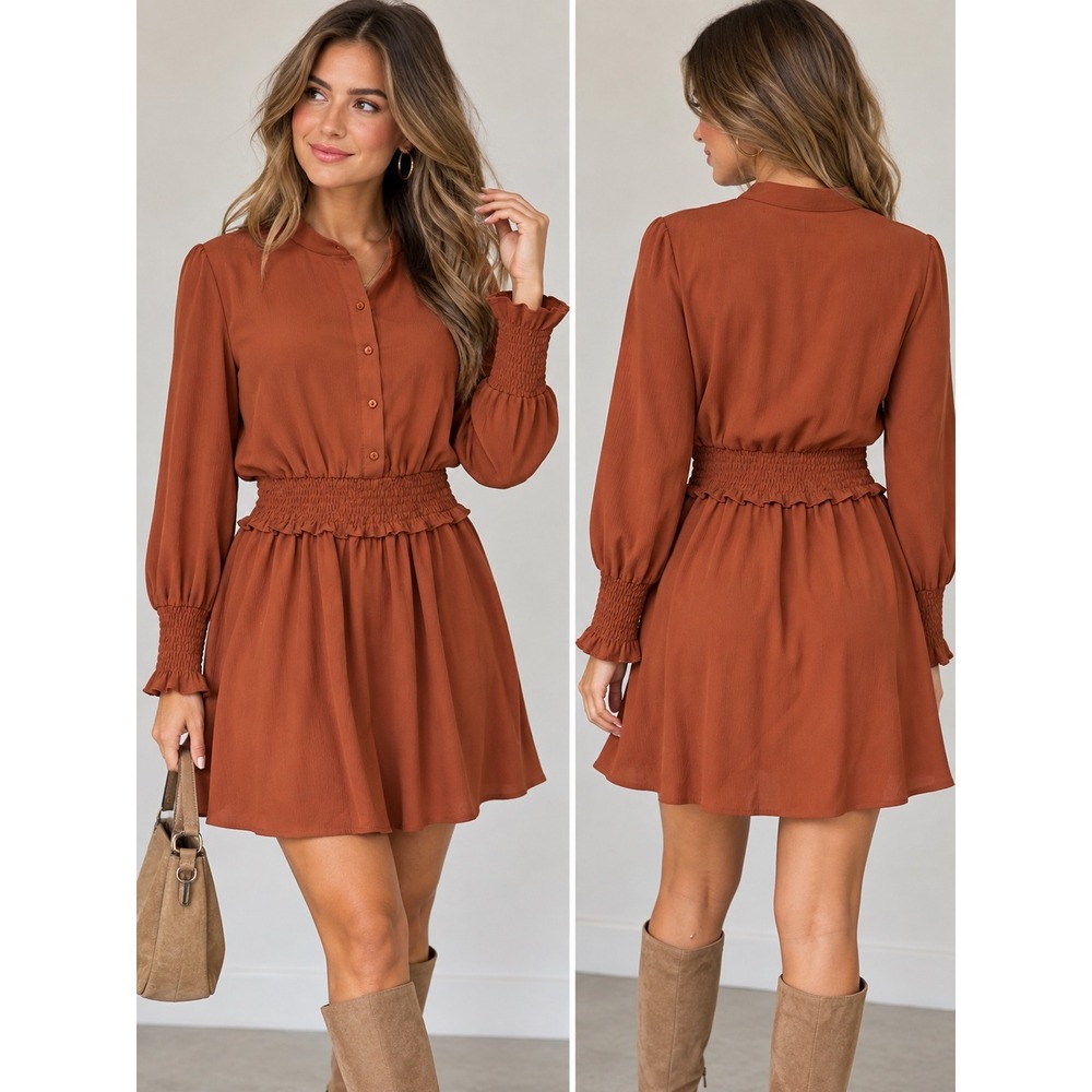Pinch Rust Orange Smocked Waist Long Sleeve Mini Dress Large NWT